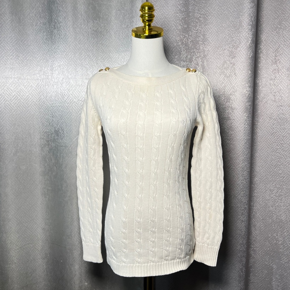 LAUREN Ralph Lauren Cream Cable Knit Boat Neck Sweater Gold Button Detail Size S - Picture 6 of 12